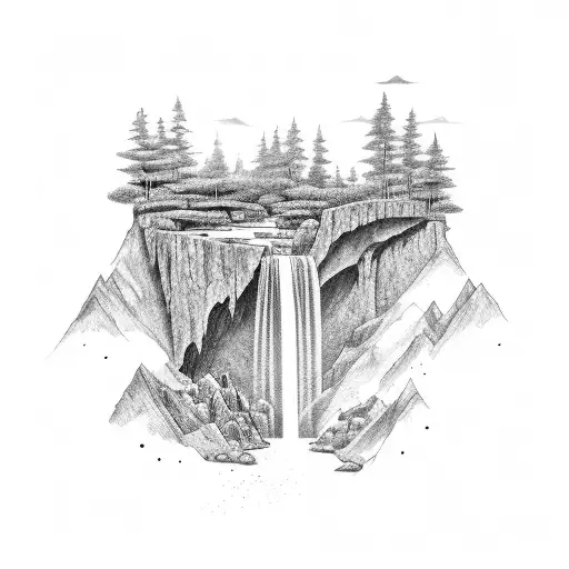 A serene waterfall cascading into a river, surrounded by academic symbols tattoo design idea