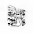 A serene waterfall cascading into a river, surrounded by academic symbols tattoo design idea