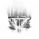 A serene waterfall cascading into a river, surrounded by academic symbols tattoo design idea