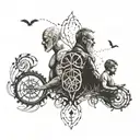 A tattoo showcasing the bond between generations, with a design featuring a father and son silhouette surrounded by symbols of evolution like DNA strands and fossils tattoo design idea