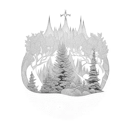 A mystical forest landscape with hidden references to the client's favorite video games and anime series, done in blackwork style tattoo design idea