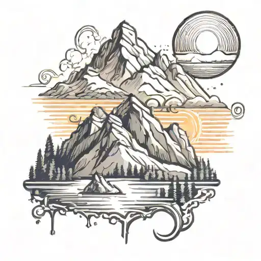 Imagine a scene of a mountain landscape with the sun rising behind it, casting warm rays of light over the peaks and val tattoo design idea