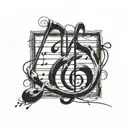 A tattoo design featuring musical notes intertwining with paintbrush strokes tattoo design idea