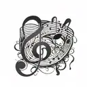 A tattoo design featuring musical notes intertwining with paintbrush strokes tattoo design idea
