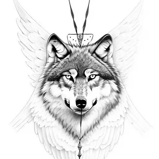Wolf Head with angel wings and arrows tattoo design idea