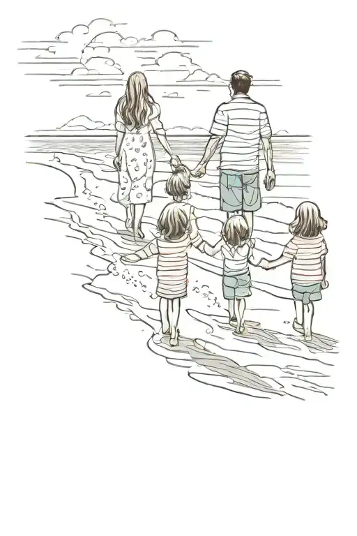 beach landscape with family holding hands tattoo design idea