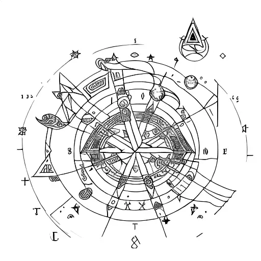 Incorporate elements of children's toys and symbols into a mystical horoscope design tattoo design idea