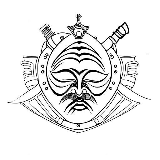 A minimalist tattoo of a theatre mask with a gavel incorporated into the design tattoo design idea