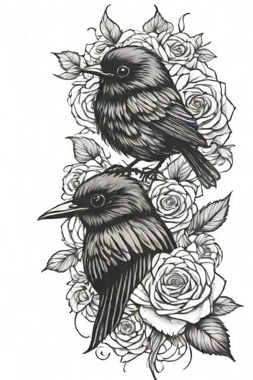 Rose intertwined with a Gerbera flower,  a robin perched tattoo design idea