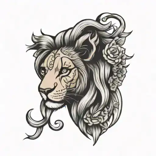 NeoTraditional "Half Girl Half Lion Face Tattoo Design..." Tattoo Idea