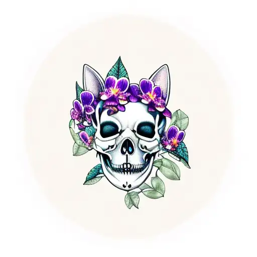 cat skull with purple orchids  tattoo design idea