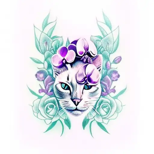cat skull with purple orchids  tattoo design idea