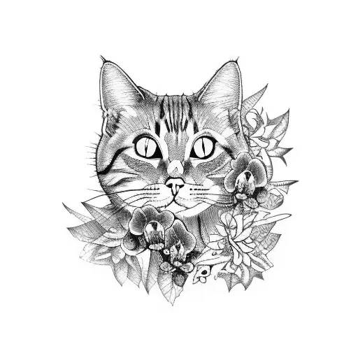 cat skeleton with purple orchids  tattoo design idea