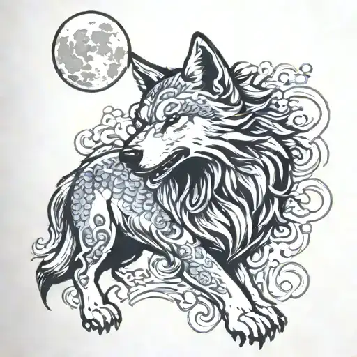 ICE wolf howling at the moon tattoo design idea