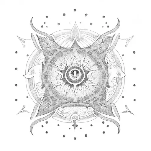 A dotwork tattoo of a seashell with rays of the sun shining through it, surrounded by delicate oceanic motifs tattoo design idea