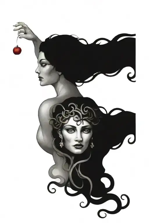 Medusa design combined together with persephone reaching for the pomegranet tattoo design idea