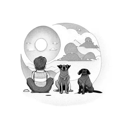 man and his medium sized dog seated together watching a beautiful horizon and a sunset far away tattoo design idea
