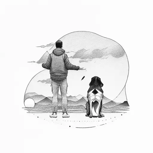 man and his medium sized dog seated together watching a beautiful horizon and a sunset far away tattoo design idea