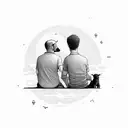 man and his medium sized dog seated together watching a beautiful horizon and a sunset far away tattoo design idea