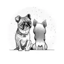 man and his medium sized dog seated together watching a beautiful horizon and a sunset far away tattoo design idea