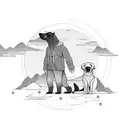 man and his medium sized dog seated together watching a beautiful horizon and a sunset far away tattoo design idea