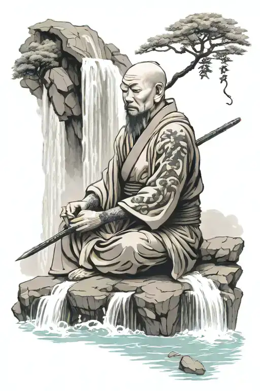 warrior monk sitting legs crossed under a waterfall, water flowing on his head  and pagoda at the top  tattoo design idea
