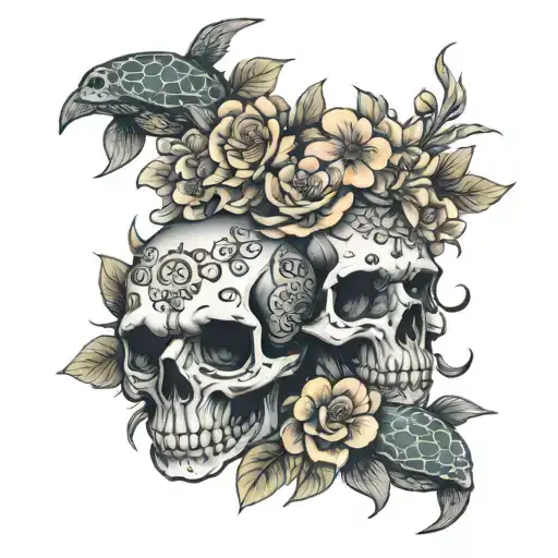 skulls flowers turtles tattoo design idea