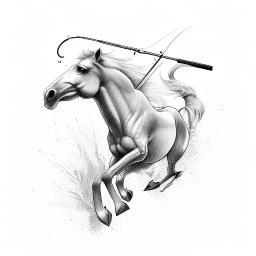 A horse jumping over a fishing rod, combining both passions tattoo design idea