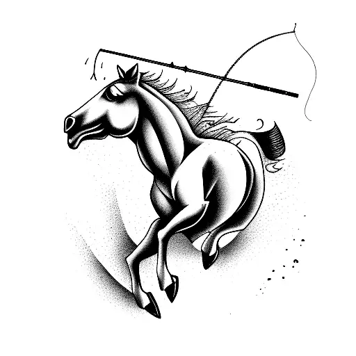 A horse jumping over a fishing rod, combining both passions tattoo design idea