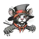 Pokémon style ferret wearing the Mad Hatter's hat. Writing below: "We're all mad here" tattoo design idea
