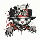 Pokémon style ferret wearing the Mad Hatter's hat. Writing below: "We're all mad here" tattoo design idea