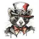 Pokémon style ferret wearing the Mad Hatter's hat. Writing below: "We're all mad here" tattoo design idea