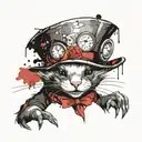 Pokémon style ferret wearing the Mad Hatter's hat. Writing below: "We're all mad here" tattoo design idea