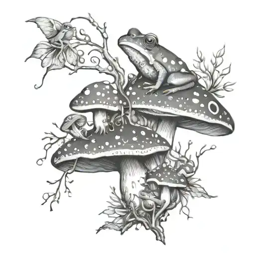 mushrooms and beautiful branches with frogs tattoo design idea