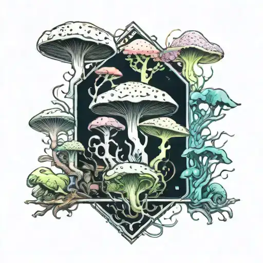 mushrooms and beautiful branches with frogs tattoo design idea