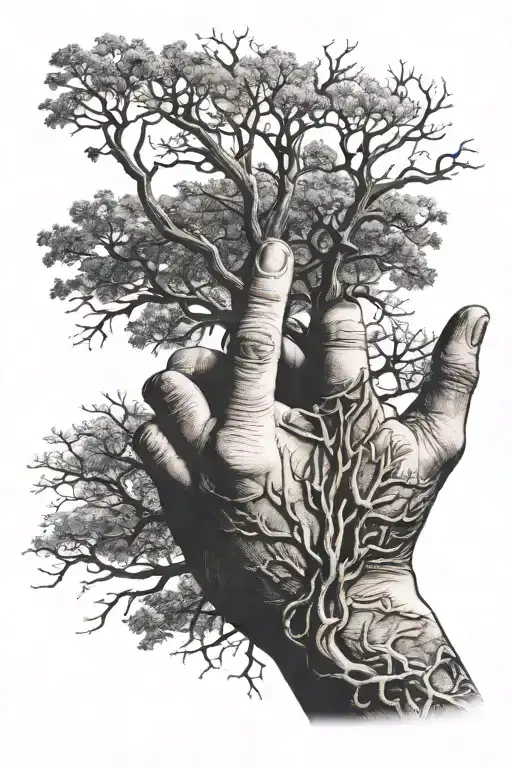 leafless tree intertwined on one finger of a male hand pointing finger tattoo design idea