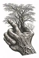 leafless tree intertwined on one finger of a male hand pointing finger tattoo design idea