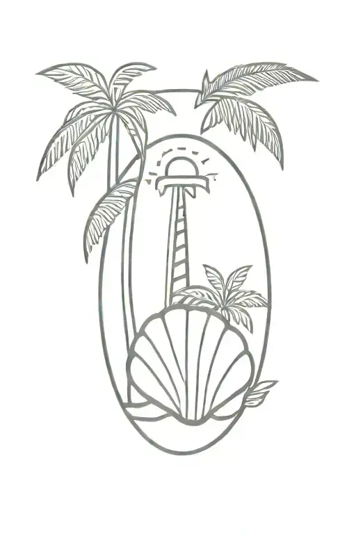 sea shell, sun, palm trees, helm and pinacolada tattoo design idea