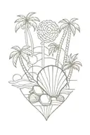 sea shell, sun, palm trees, helm and pinacolada tattoo design idea