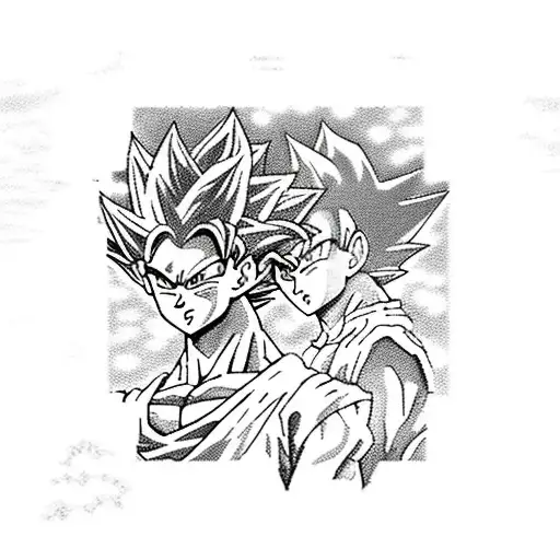 A dynamic scene of Gohan ssj2 and Killua surrounded by Dragon Ball Z and Hunter x Hunter symbols tattoo design idea