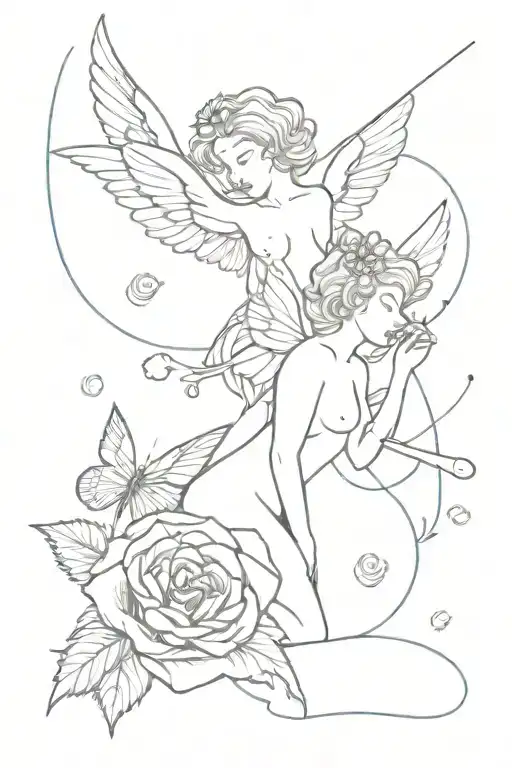 Cupid angels, roses  butterfly's  tattoo design idea