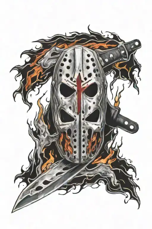 Jason mask with machete flames coming together tattoo design idea