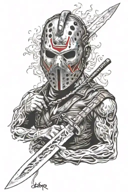 Jason mask with machete flames coming together tattoo design idea