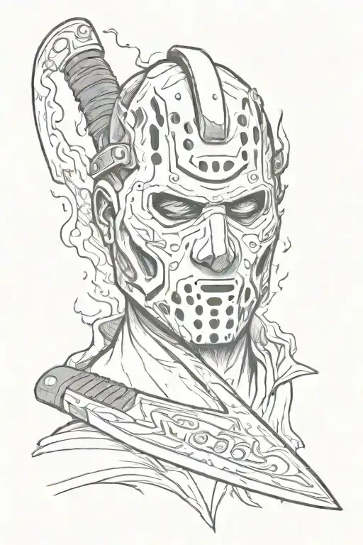 Jason mask with machete flames coming together tattoo design idea