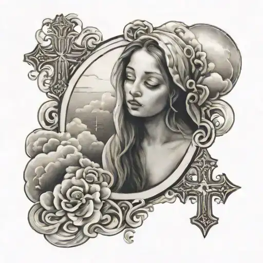 mary with a small cross surrounded by clouds and in the clouds some words on my forearm  tattoo design idea