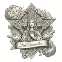 mary with a small cross surrounded by clouds and in the clouds some words tattoo design idea