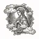 mary with a small cross surrounded by clouds and in the clouds some words tattoo design idea