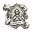 mary with a small cross surrounded by clouds and in the clouds some words tattoo design idea