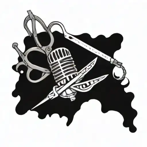 A microphone and scissors for a tattoo under the ear tattoo design idea
