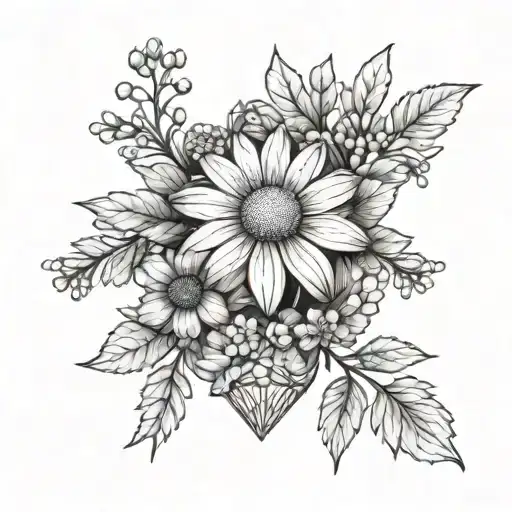  tattoo including daisy flower, a diamond and Rowan tree tattoo design idea